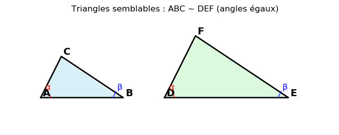 Cette figure géométrique illustre la similitude entre deux triangles, ABC et DEF, disposés côte à côte. Les sommets des triangles sont clairement nommés et des couleurs de remplissage distinctes (bleu clair et vert pâle) aident à différencier les deux polygones. L'égalité des angles correspondants est matérialisée par des arcs colorés annotés par les lettres grecques alpha (α) et bêta (β) aux sommets A, D (pour alpha) et B, E (pour bêta). Le titre en haut de l'image explicite la relation de similitude ABC ~ DEF basée sur l'égalité des angles.
