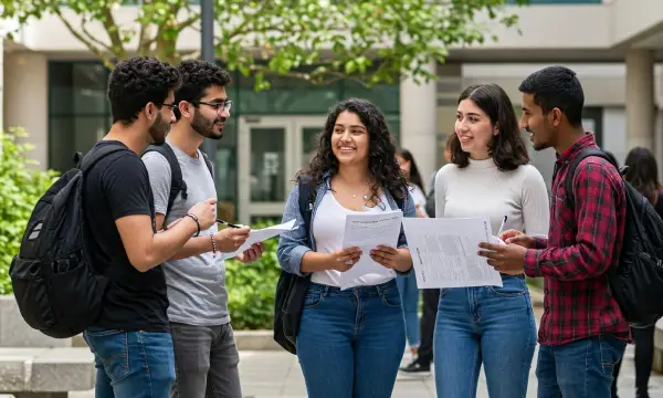 Groupe de lycéens discutant de leur choix de spécialités au bac