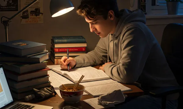 Un élève qui révise dans sa chambre les oeuvres au programme du bac de français